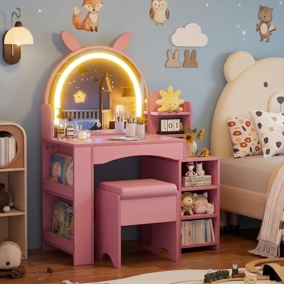 PakaLife Kids Vanity Table and Chair Set with 3-Tier Open Shelves and Stool, 2 in 1 Pink Vanity Set with Mirror and Lights, for Bedroom