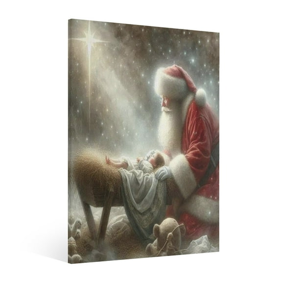 Vintage Santa Claus and The Birth of Jesus Wall Art Paint Framed , Christian Watercolor Jesus Wall Art Decor,Christmas Wall Religious Artwork for Home Living Room Wall Decor