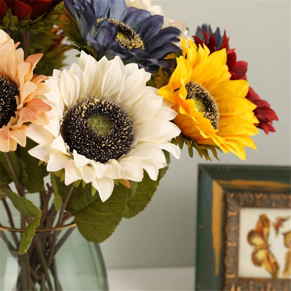 Vintage Sunflowers Artificial Flowers 7 Faux Silk Sunflowers Bouquet Fake Real Touch Long Stems Floral for Wedding Party Centerpieces Home Decoration(Gold)
