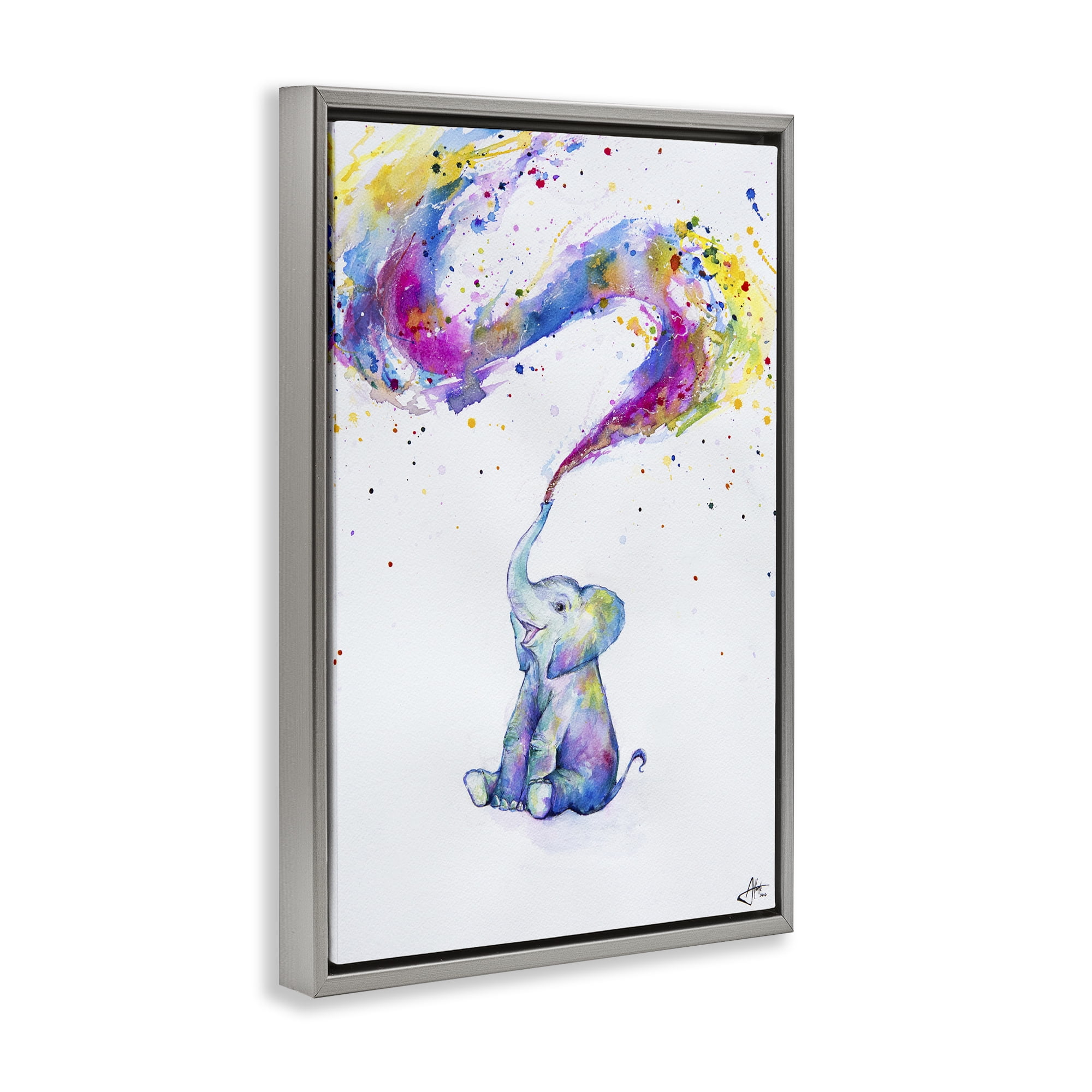 Stupell Industries Spring Elephant & Paint Splatter Gray Framed Floater Canvas Wall Art, design by Marc Allante