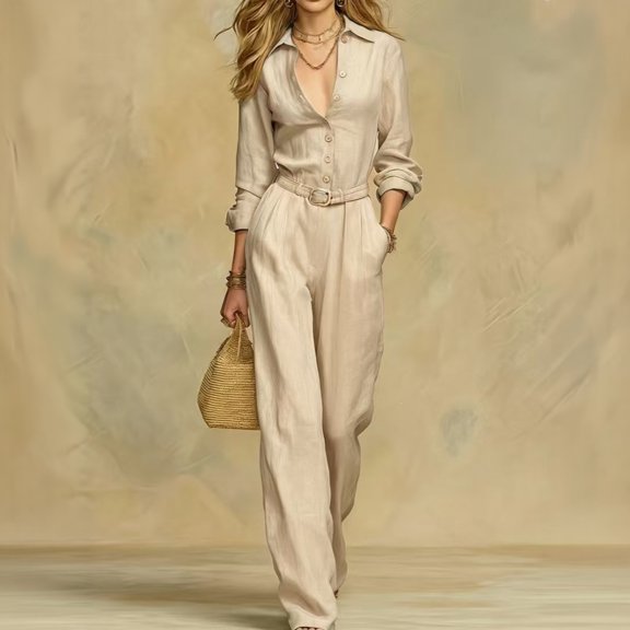Womens Collared Button Front Wide Leg Belted Jumpsuit Office Casual Button Front Design Long Sleeve Jumpsuit, XL
