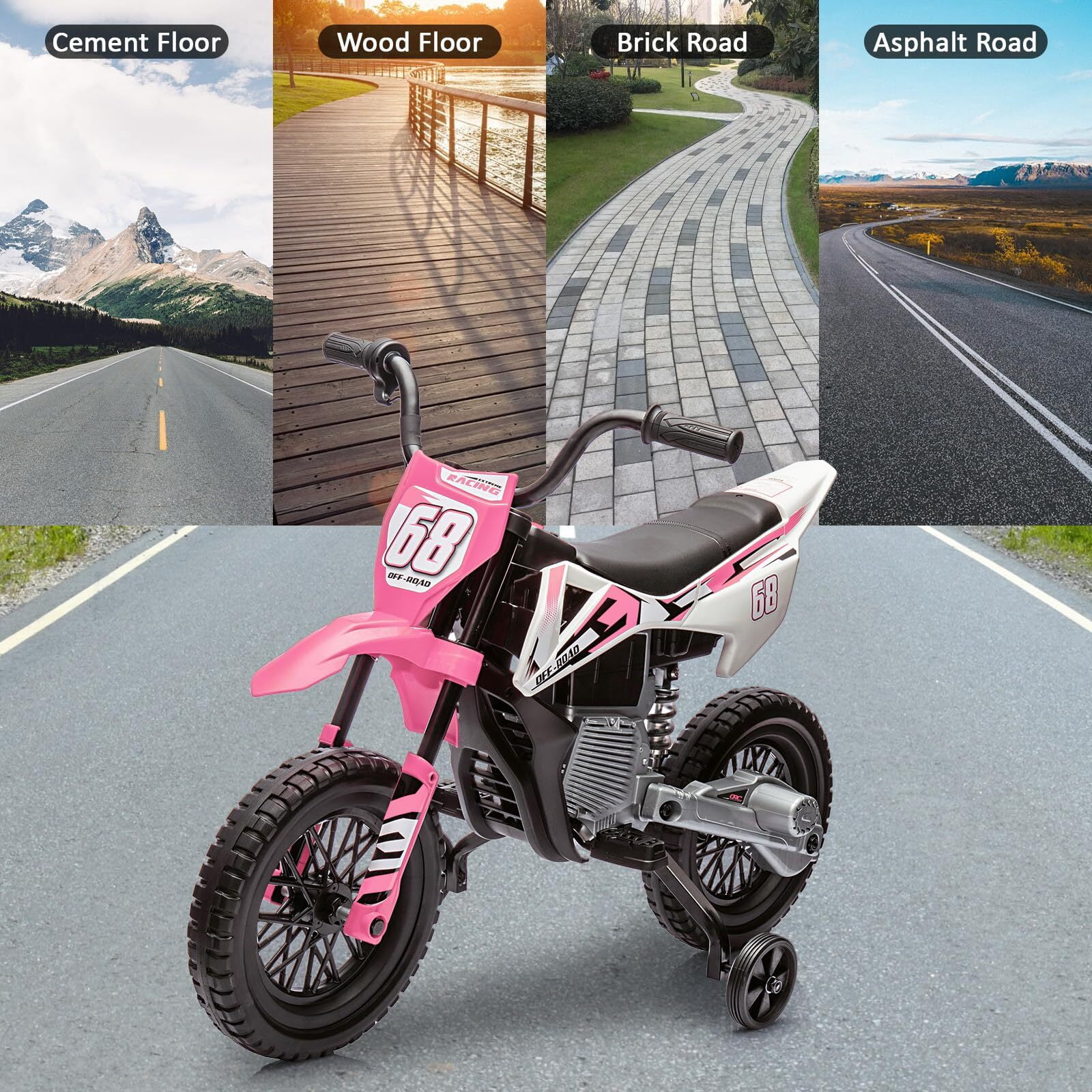 Garvee 12V Kids Electric Dirt Bike with Training Wheels, Twist Grip Throttle, 3mph Max Speed, Music, Ride-On Motorcycle for Boys and Girls