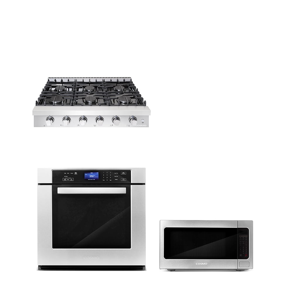 Cosmo 3 Piece Kitchen Package With 36" Slide-In Gas Cooktop 24.4" Built-in Countertop Microwave 30" Single Electric Wall Oven