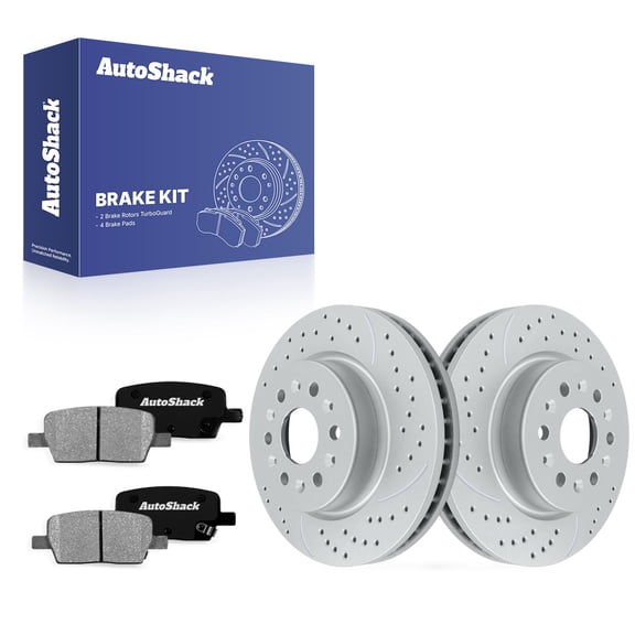 AutoShack Rear Brake Rotors & Ceramic Pads for GMC, Acadia 2017-2020, 4WD FWD L4 2.0L 2.5L V6 3.6L - Coated Drilled & Slotted - Silver Matte Finish - TurboGuard - 12.4" (315 mm), 6-Lug