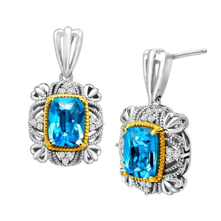 Duet 3 1/3 ct Natural Swiss Blue Topaz and 1/10 ct Diamond Drop Earrings in Sterling Silver and 14kt Gold