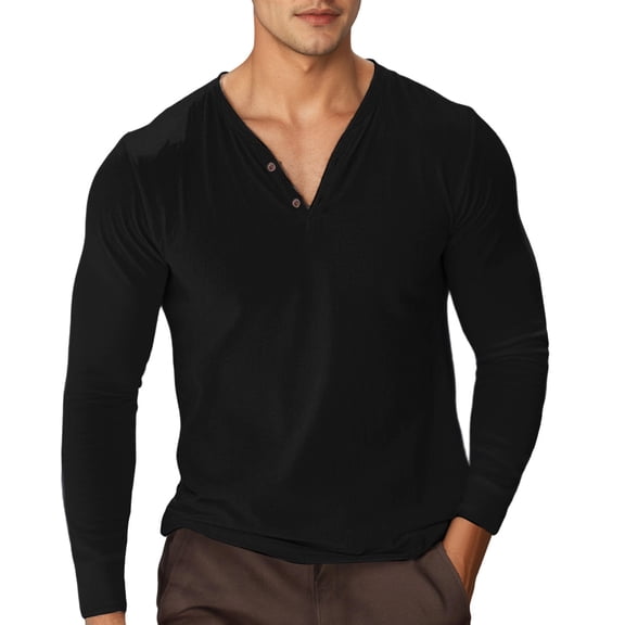 Yuncity Mens T-Shirts Button Henley Neck Long Sleeve Solid Color Summer Loose Fit Outdoor Daily Wear Men's Tops Size L Black