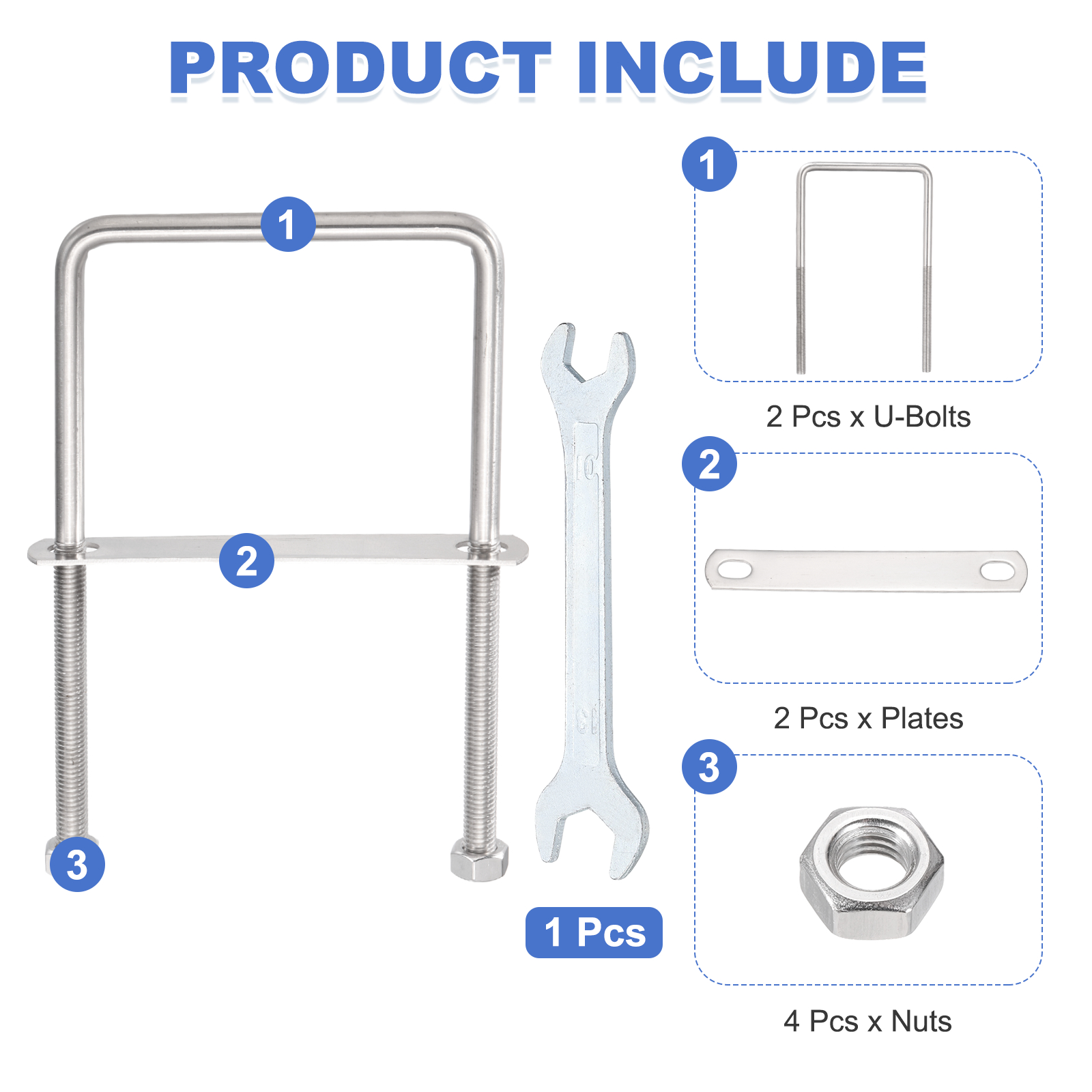 Uxcell 2 Sets M10 Square U-Bolts, 4.33" Inner Width 7.87" Length 304 Stainless Steel U Clamp Bolts with Nuts, Plates and Wrench