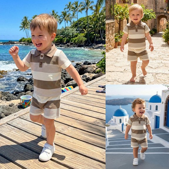 Rhuody 6-12 Months Infant Outfits For Boys Short Sleeve Summer Striped Knit Short For Kids Beachwear Tee & Shorts Ensemble Leisure Clothes Khaki