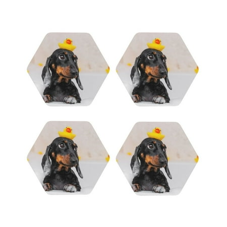 

Coasters Set of 4 - Dachshund Sitting in Bathtub Drink Coasters for Tabletop Protection Leather Coasters for Living Room Decor and Housewarming Gift Hexagon