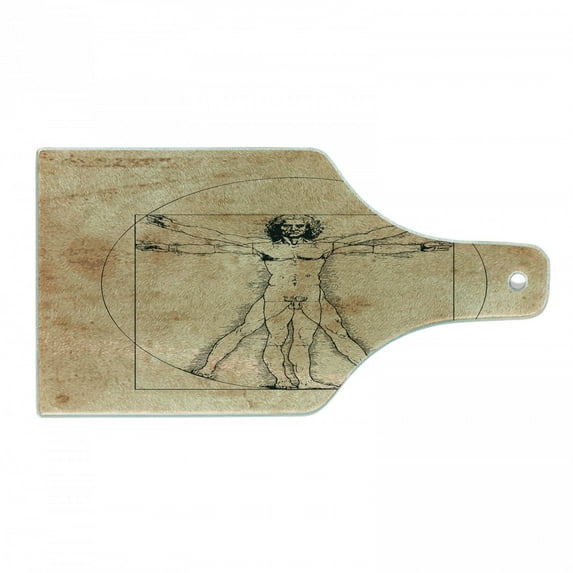 Human Anatomy Cutting Board, Medieval Vitruvian Man Crosshatching Famous Italian Painting Renaissance Body Art, Tempered Glass Cutting and Serving Board, Wine Bottle Shape, Sepia, by Ambesonne