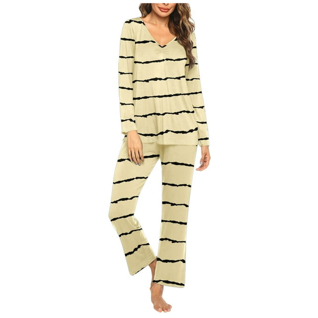 Timegard Ensembles de Pyjamas pour Femmes 2 Pcs à Rayures Manches Longues Col en V Haut Froncé et Pantalon Tenues de Pjs d'Automne