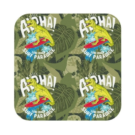 

Cauagu Surfing Dinosaur for Round Coaster Drink Coasters Set of 4 Leather Bar Beer Beverage Cup Mat for Drinks for Tabletop Protection & Coffee Table Decor