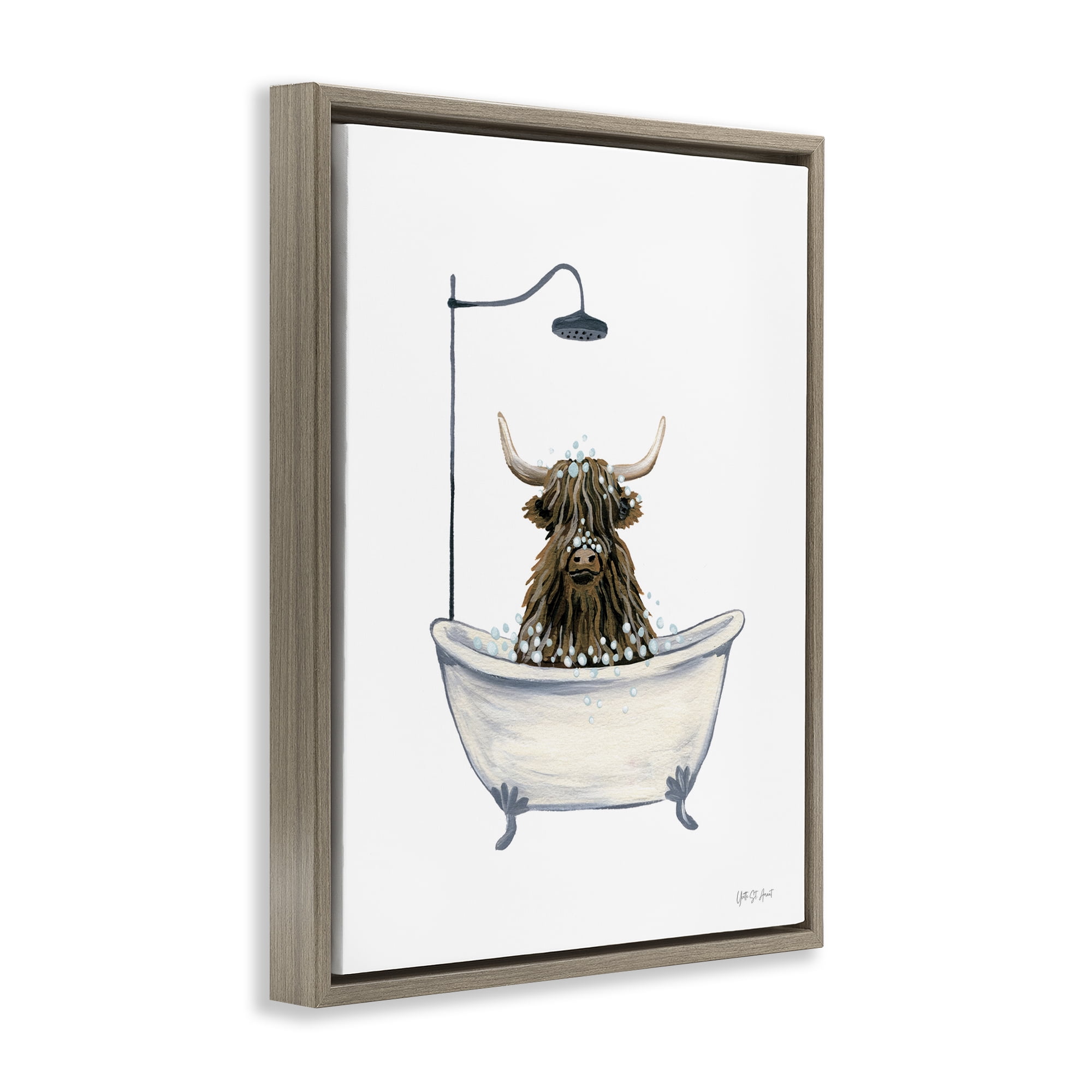 Stupell Industries Highland Cow Bathtub Typography Painting Brown Floater Framed Canvas Art Print Wall Art, 25 x 31