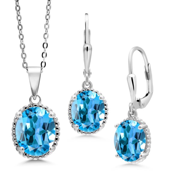 Gem Stone King 8.50 Ct Oval Swiss Blue Topaz 925 Sterling Silver Pendant and Earrings Jewelry Set
