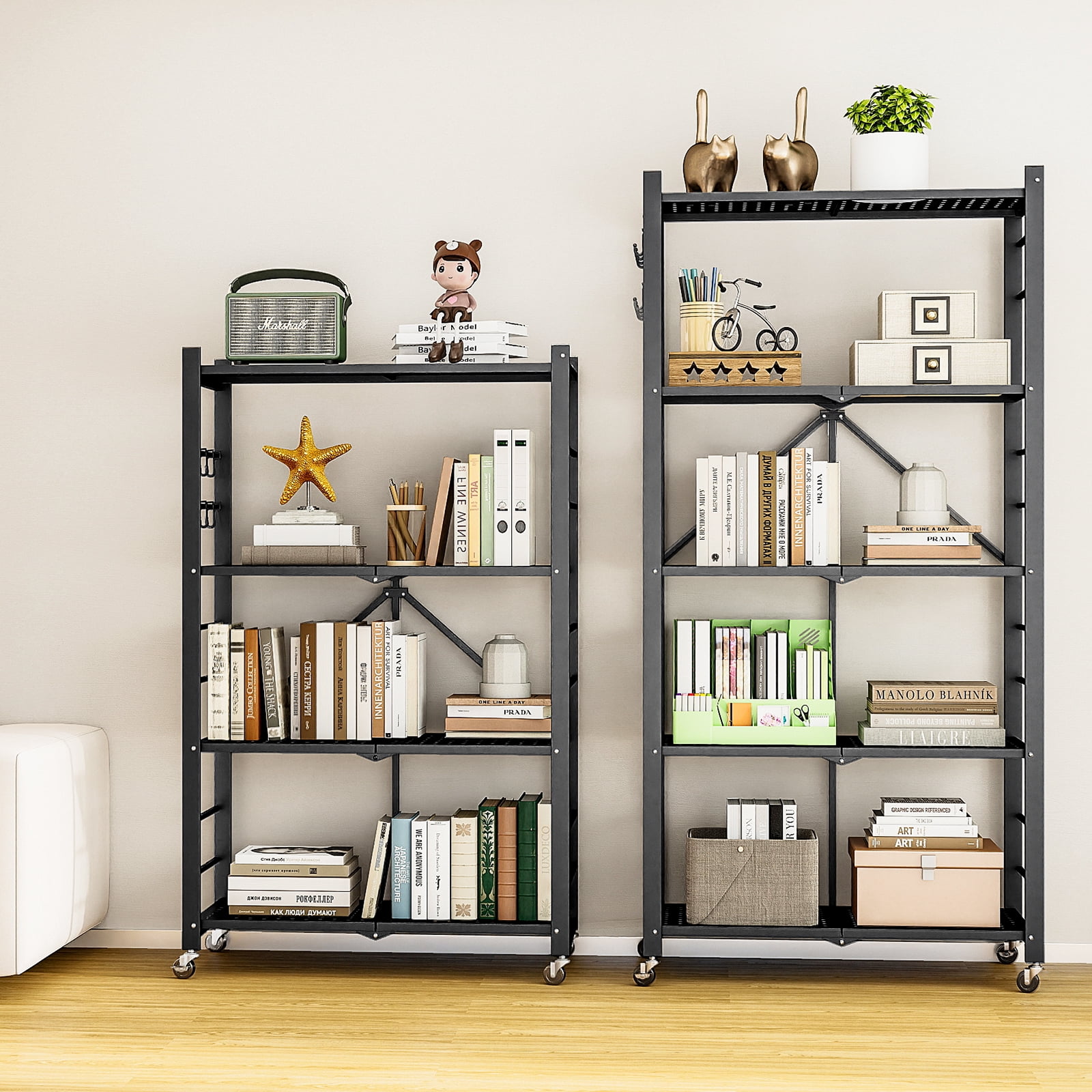 Vebreda 5-Tier Heavy Duty Foldable Metal Storage Shelf with 3 Hooks, Kitchen Organizer Rack, Black