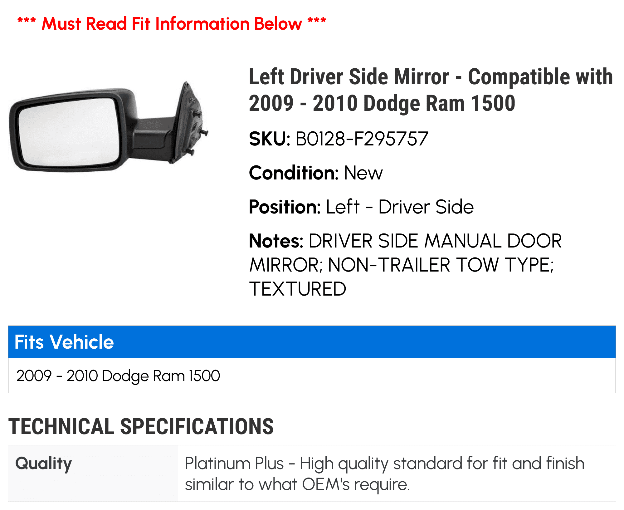 Left Driver Side Mirror - Compatible with 2009 - 2010 Dodge Ram 1500