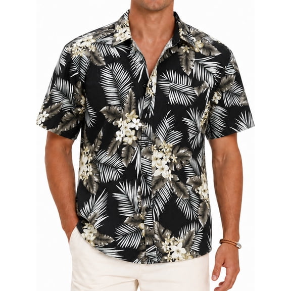 Sumtumn Hawaiian Shirt for Men,Summer Beach Short Sleeve Button Down Shirts Black Palm Clothing