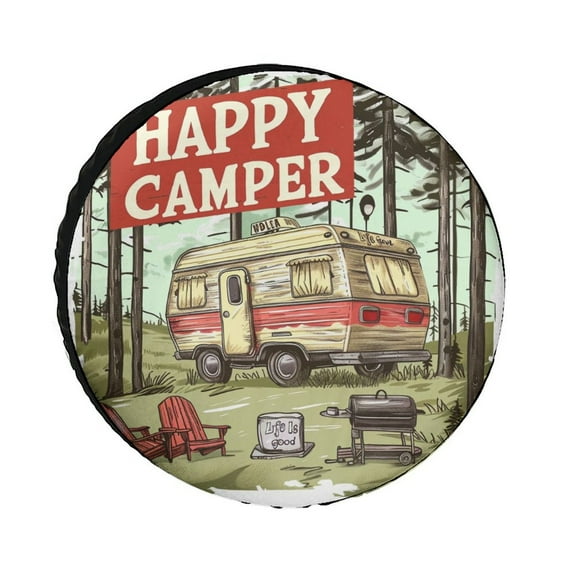 Camper Spare Tire Cover 12 Inch Happy Camper Wheel Protectors Tyre Covers Weatherproof Wheel Covers Travel Trailer Camping for Fit for SUV Truck Travel Trailer