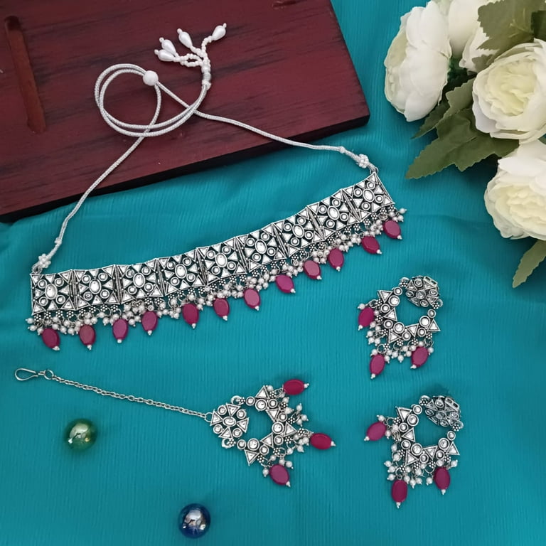 Efulgenz Pink White Indian Oxidized Jewelry Antique Boho Faux Kundan Pearl Crystal Stone Necklace Manngtikka with Dangle Round Earrings Bohemian Efulgenz Pink White Indian Oxidized Jewelry Antique Boho Faux Kundan Pearl Crystal Stone Necklace Manngtikka with Dangle Round Earrings Bohemian