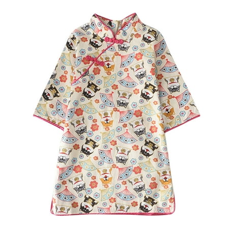 

JDEFEG Casual Girls Dresses Toddler Kids Baby Girls Floral Cartoon Dress Cheongsam Party Outfits Summer Princess Half Sleeve Girls Dresses Clothes Baby Girl Dresses Set Beige 130
