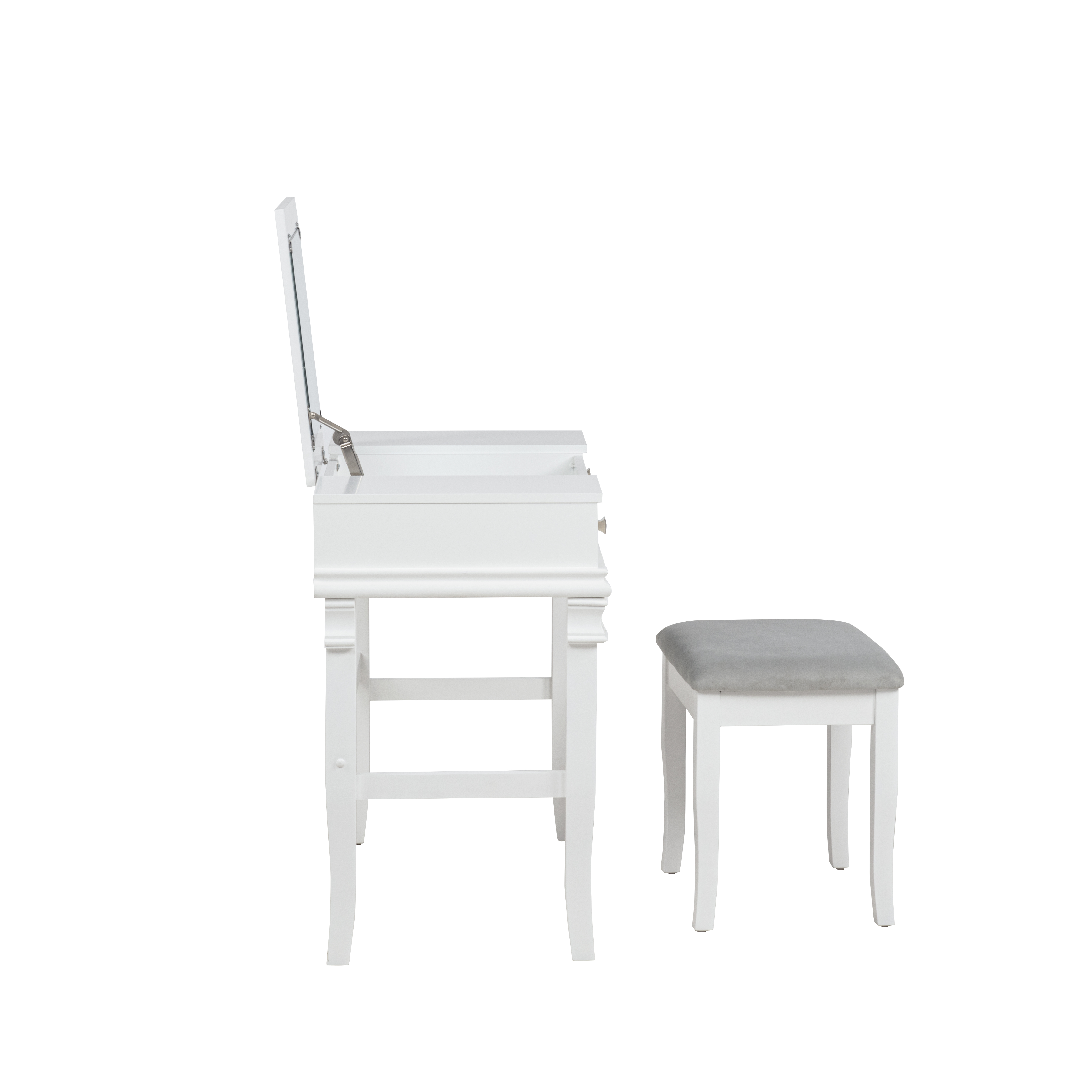 Linon Morton 2-Piece Vanity Set with Flip-Top Mirror and Upholstered Stool, White & Gray