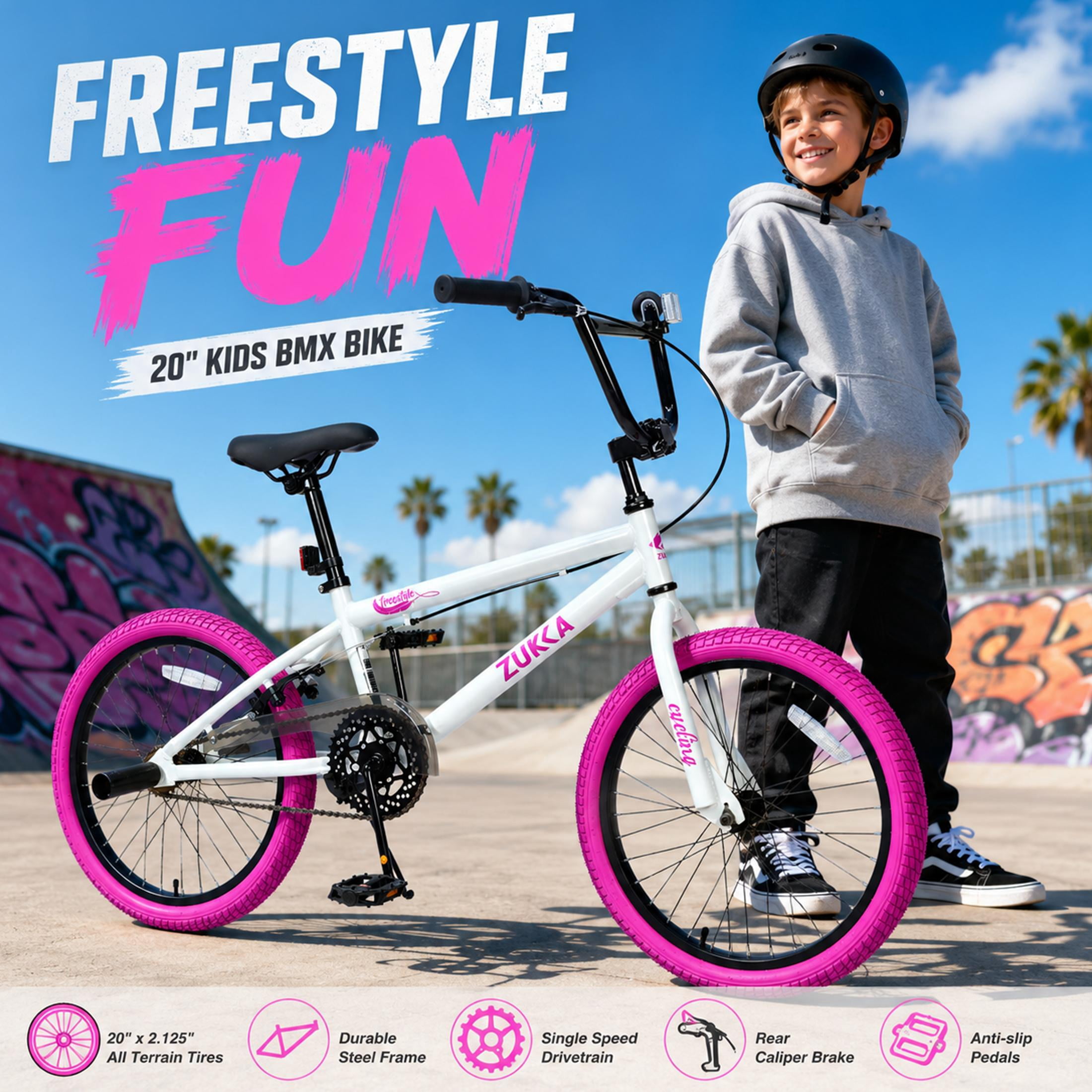 Freestyle Kids Bike 20 Inch Single Speed Children's Bicycle with BMX Pegs, Carbon Steel Frame and Rear Caliper Brake for Boys and Girls Ages 7-10 Years, White