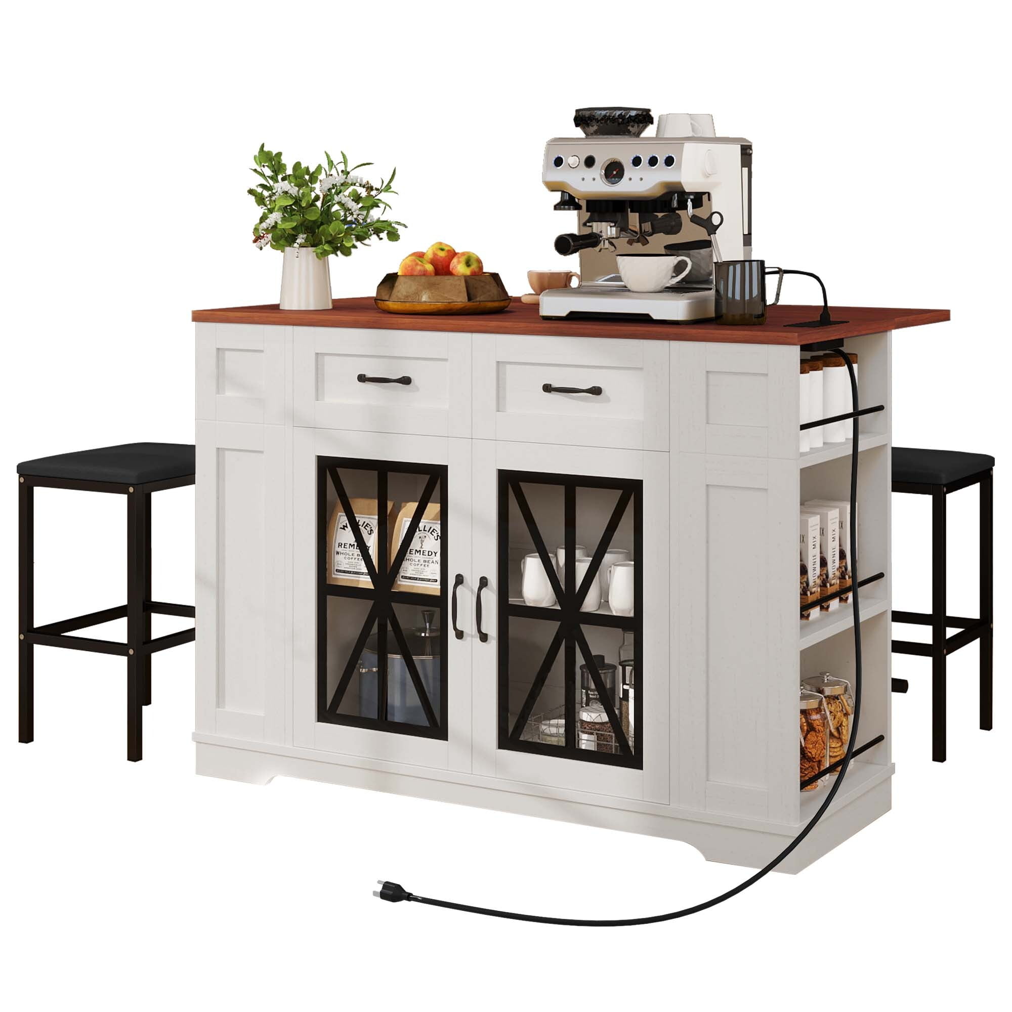 DEXTRUS Kitchen Island with Seating & Drop Leaf, Kitchen Island on Wheels with Doors & Drawers, Off-White