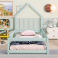 thumbnail image 2 of PORKISS Twin Bed Frame for Kids Boys Girls, Solid Wood Platform Bed with House-shaped Headboard, Floor Bed, Light Green, 2 of 11