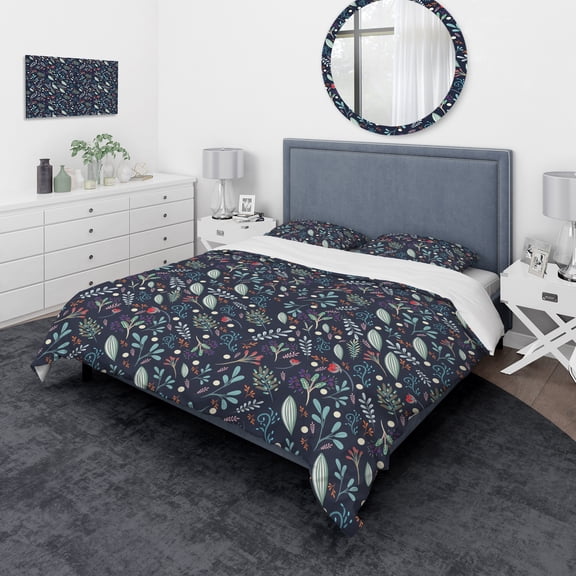Designart 'Sparkling Forest Leaves on Dark Blue' Modern & Contemporary Duvet Cover Set
