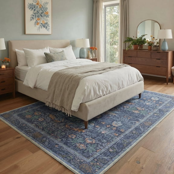 GENIMO 5'x7' Area Rug for Living Room, Machine Washable Non Slip Low Pile Rug for Bedroom Dining Room, Modern Artistic, Dusty Blue