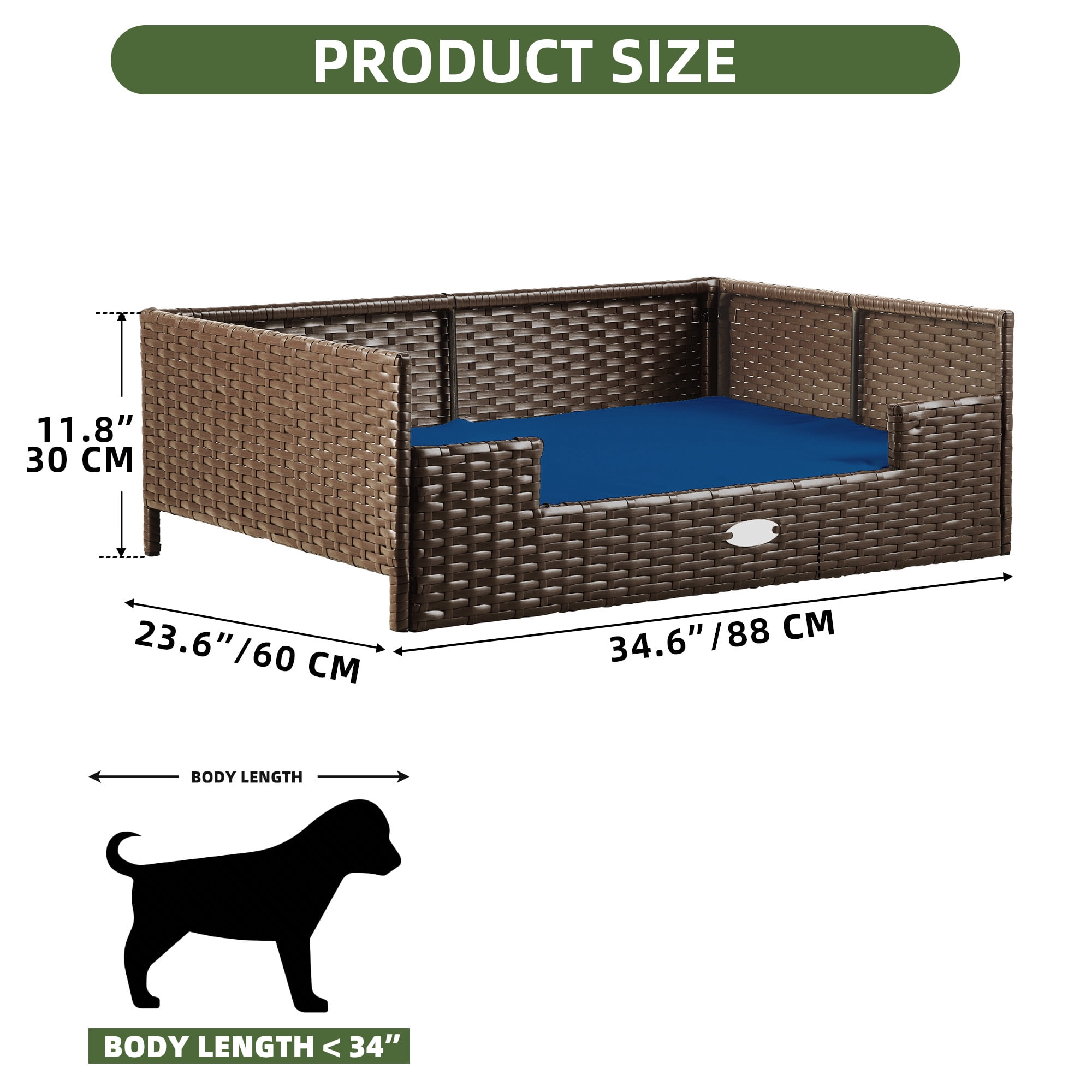 Uforic Rattan Dog Sofa Bed with Blue Cushion,Wicker Pet Bed Sofa Indoor Outdoor,All-weather Protection, Brown&Blue,34.6"L x 23.6"W x 11.8"H