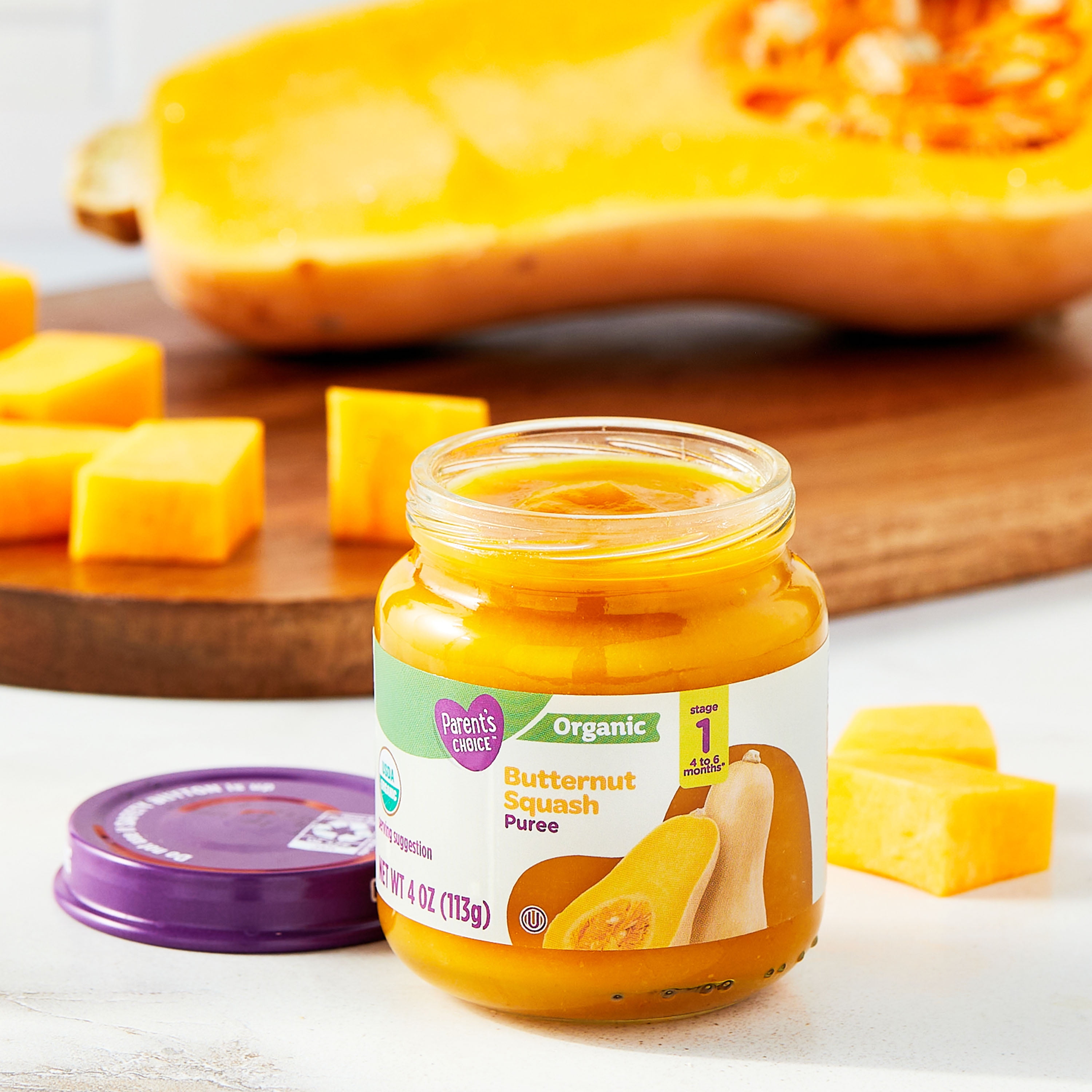 (3 pack) Parent's Choice Stage 1 Baby Food Butternut Squash Puree, 4 oz Jar