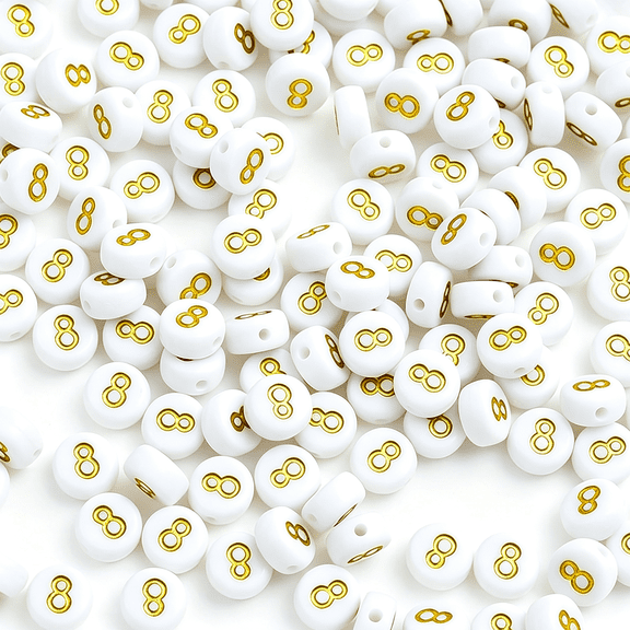 DESIGNICE 300Pcs 7X4Mm White Acrylic Number Beads,Gold Digit 8 Round Loose Beads Diy Jewelry Making Letter and Number Beads