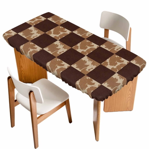 Vintage Patchwork Table Cloths for 6 Foot Rectangle Tables, Western Brown Animal Texture Plaid Patio Waterproof Elastic Fitted Tablecloths, Washable Rectangular Table Cover for Camping