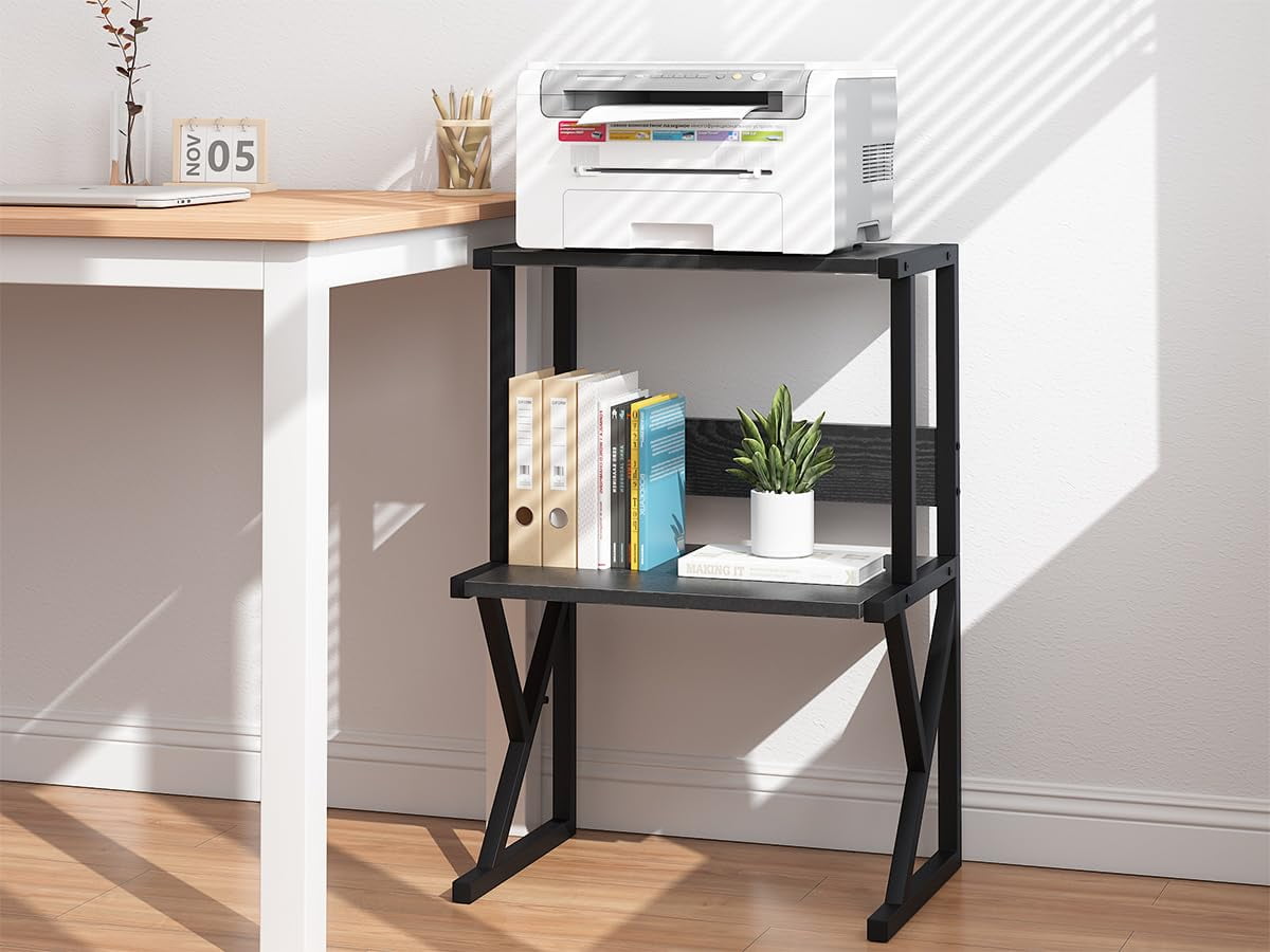 Desktop Printer Stand with 3 Tier Wood Storage Shelves,Under Desk Printer Table,Multi-Purpose Home Office Desk Organizer for Fax Machine, Scanner (Black)