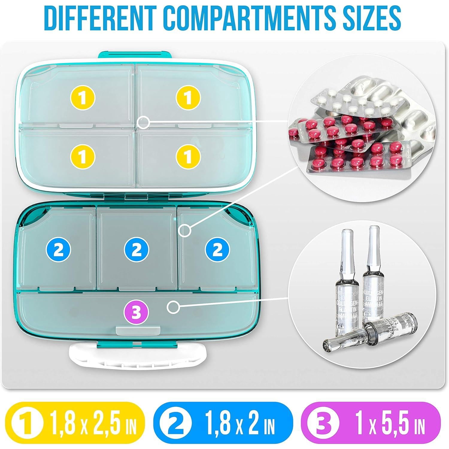 Pill Organizer Airtight Pill Box Large Pill Dispenser Home Travel Supplement Holder Portable Vitamin Sorter Jumbo Size 8 Compartment Airtight Vitamin Container Daily Medicine