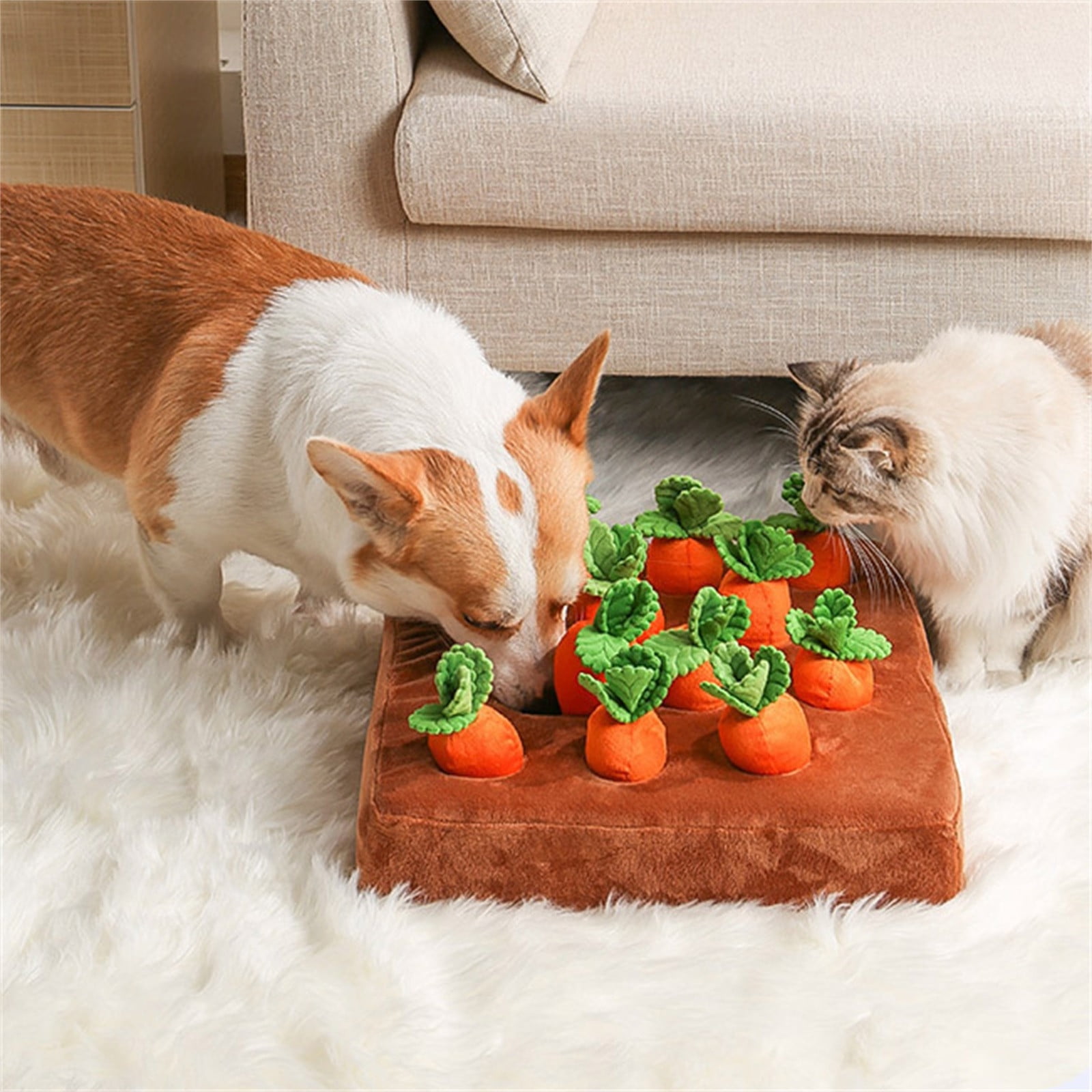 Dog Puzzle Toys Pull Carrot Toys,Interactive Mat with 9 Carrots for IQ Training,Boredom Relief Hide and Seek Plush Squeaky Toys for Puppies，As Shown