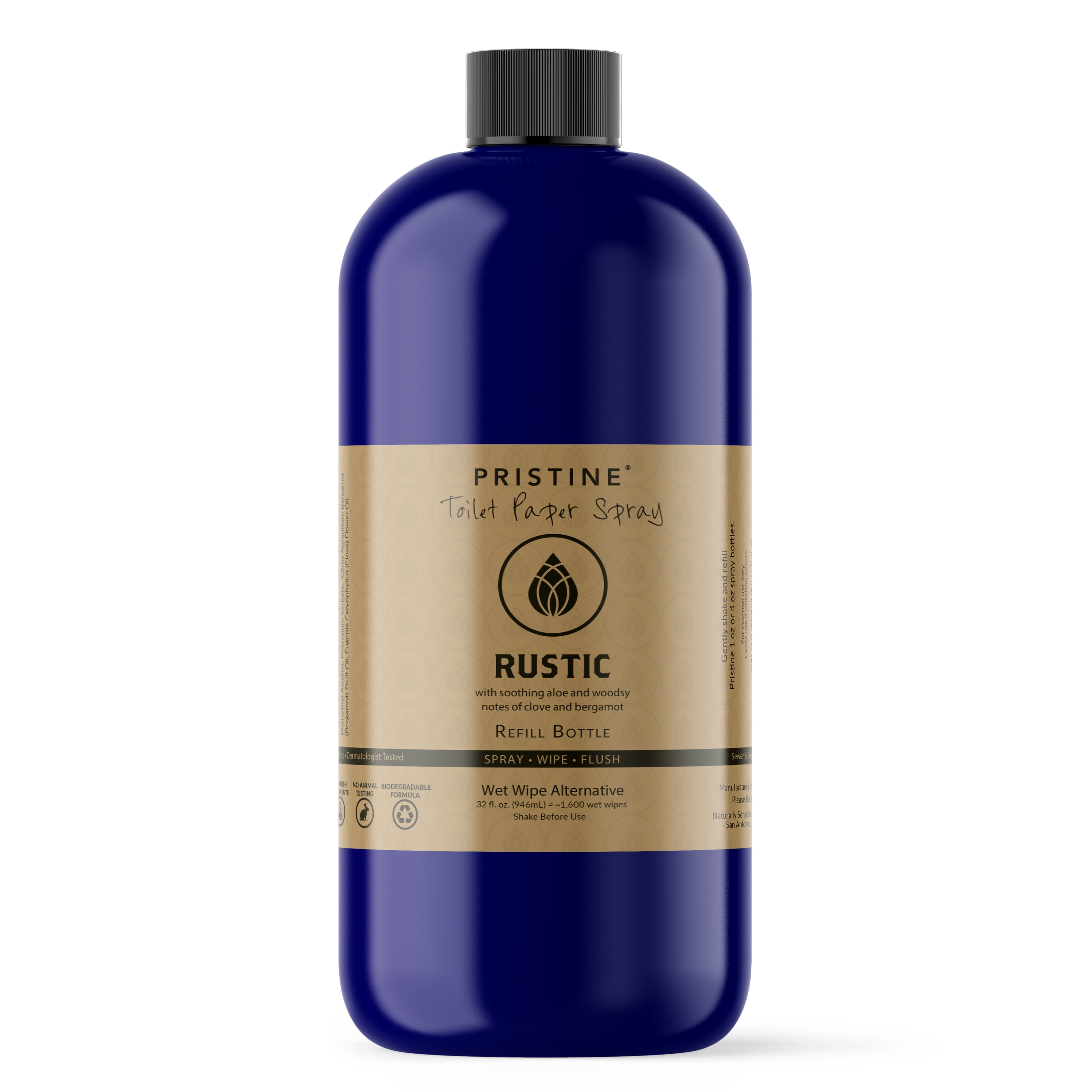 Pristine Toilet Paper Spray, Turns Tissue into Wet Wipes, Rustic 32 oz