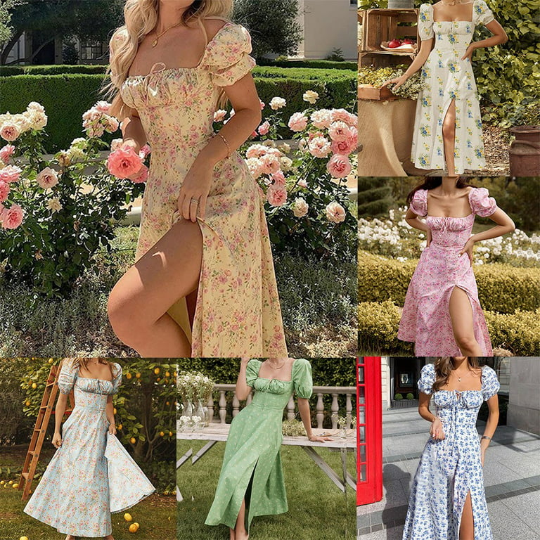ALSLIAO Womens Casual Floral Summer Dress Puff Sleeve Ruffle Hem layered  A-line Dresses Pink XL 