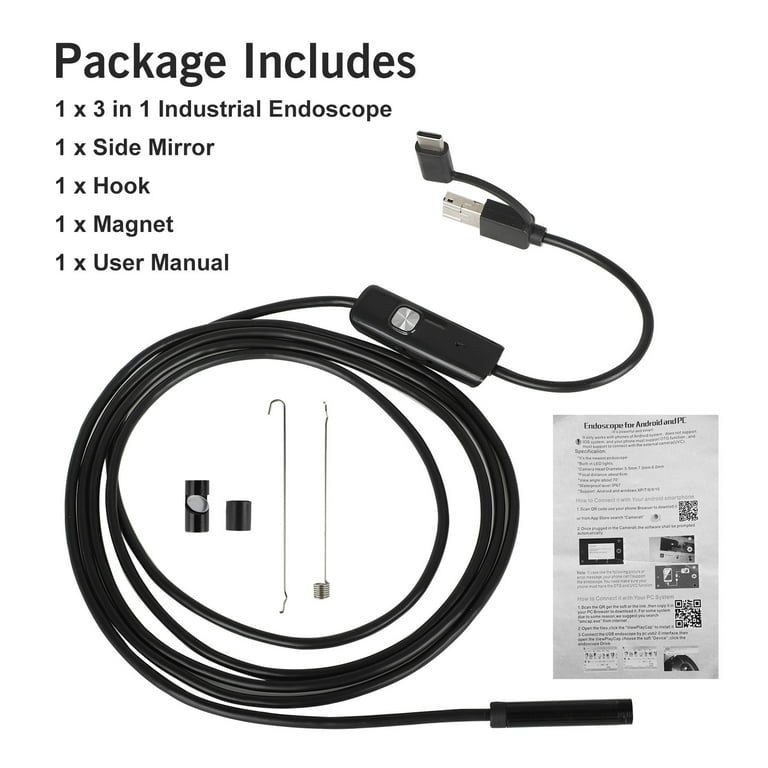 6.5ft USB Snake Inspection Camera, 0.3 MP IP67 Waterproof USB/Micro  Endoscope, Type-C Borescope Camera with 6 LED Lights Fits for OTG Android,  Windows, MacBook, Computer 