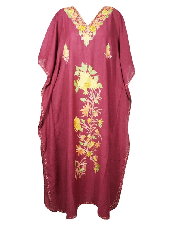 Mogul Women Maroon Embellished Floral Maxi Caftan Lounger Cover Up BOHO CHIC Long Dress 2XL