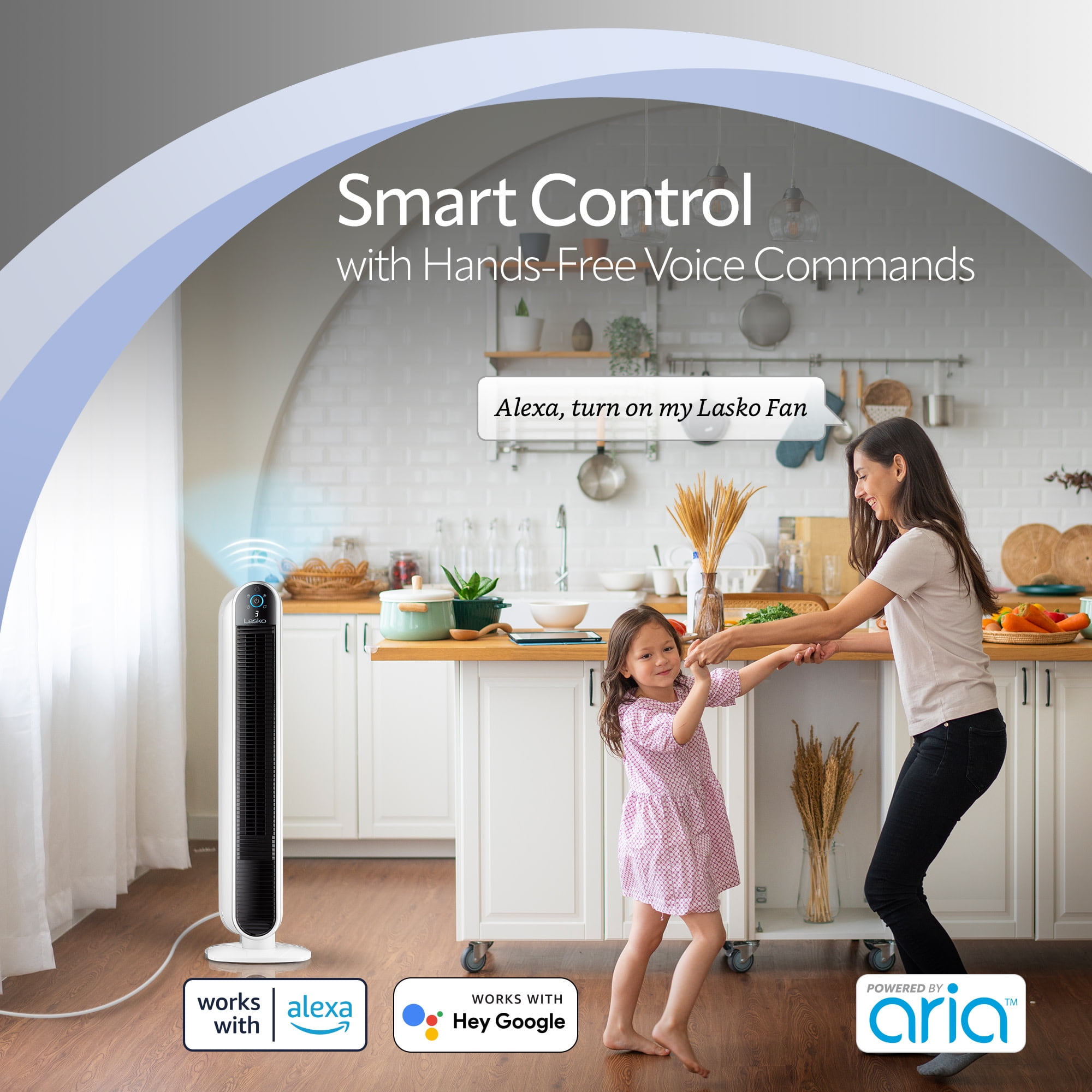 Lasko 40" 5-Speed Smart Tower Fan Powered by Aria, Wi-Fi Connected, Alexa, Google, White, T40735