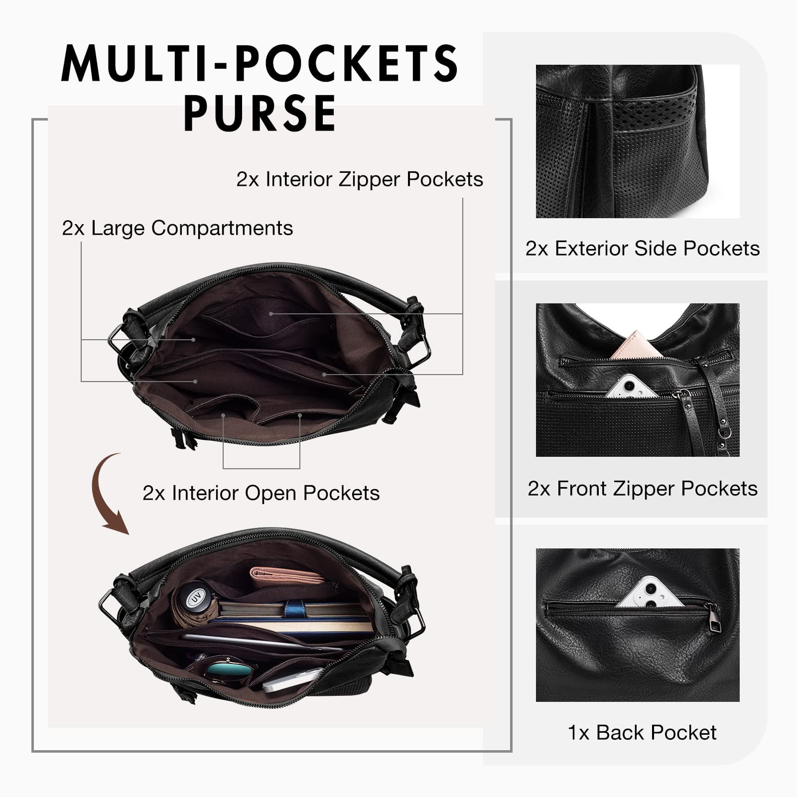 Capamaster Large Capacity Vintage Hobo Bag | Retro PU Leather 2-Way Shoulder Crossbody Purse for Women Black