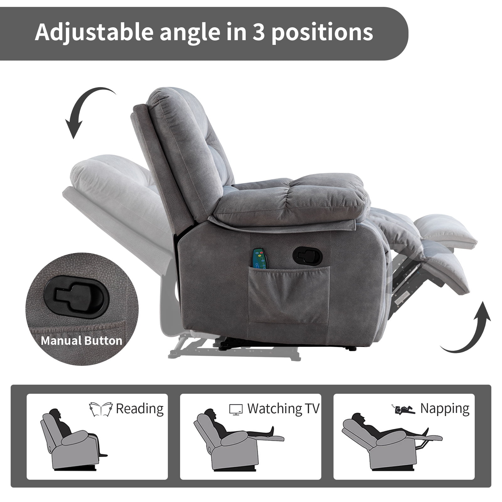 Bonzy Home Manual Recliner Chair with Massage and Heat Overstuffed Fabric Metal frame Manual Reclining Chair Sofa for Living Room