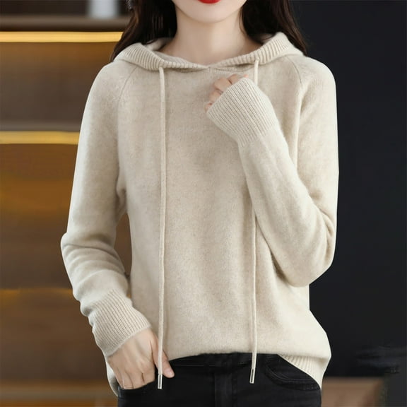 Delayuji Women Thermal Top Autumn Winter Solid Color Hooded Sweater with Drawstring Loose Casual Warm Knit Pullover Sweater Womens Thermal Tops Long Sleeve Beige L