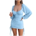 thumbnail image 2 of Pxiakgy summer dresses for women Women's Dresses Long Sleeve Drawstring Ruched Ribbed Solid Color Dress Tight Casual Dress womens dresses casual dresses for women Light blue + S, 2 of 8