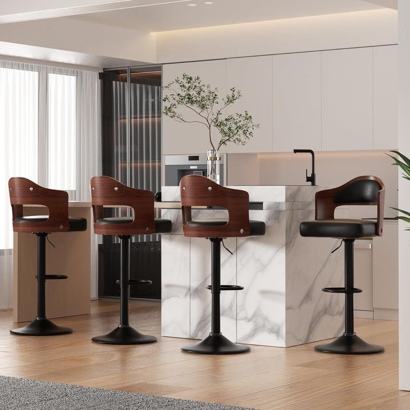Hawsaiy Wooden Bar Stools Set of 4, Adjustable Height 24.5-33.5IN, Wooden Bar Chairs with PU Leather Upholstery, Back & Footrest for Kitchen, Dining, and Home Bar