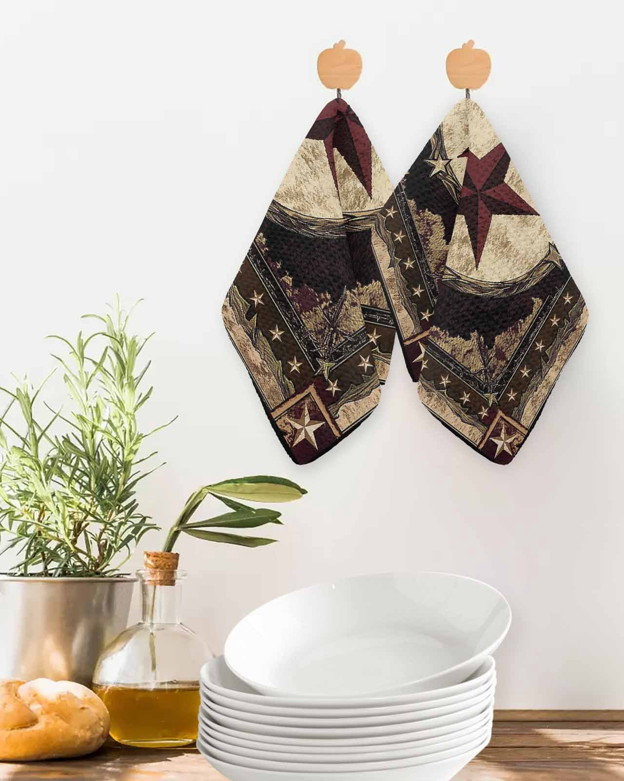 Western Stars Brown Kitchen Dish Towels for Drying Dishes Set of 4, Farmhouse Country Vintage Wood Grain Waffle Weave Microfiber Terry Hand Tea Bathroom Towels Quick Dry & Absorbent Towel 12x12