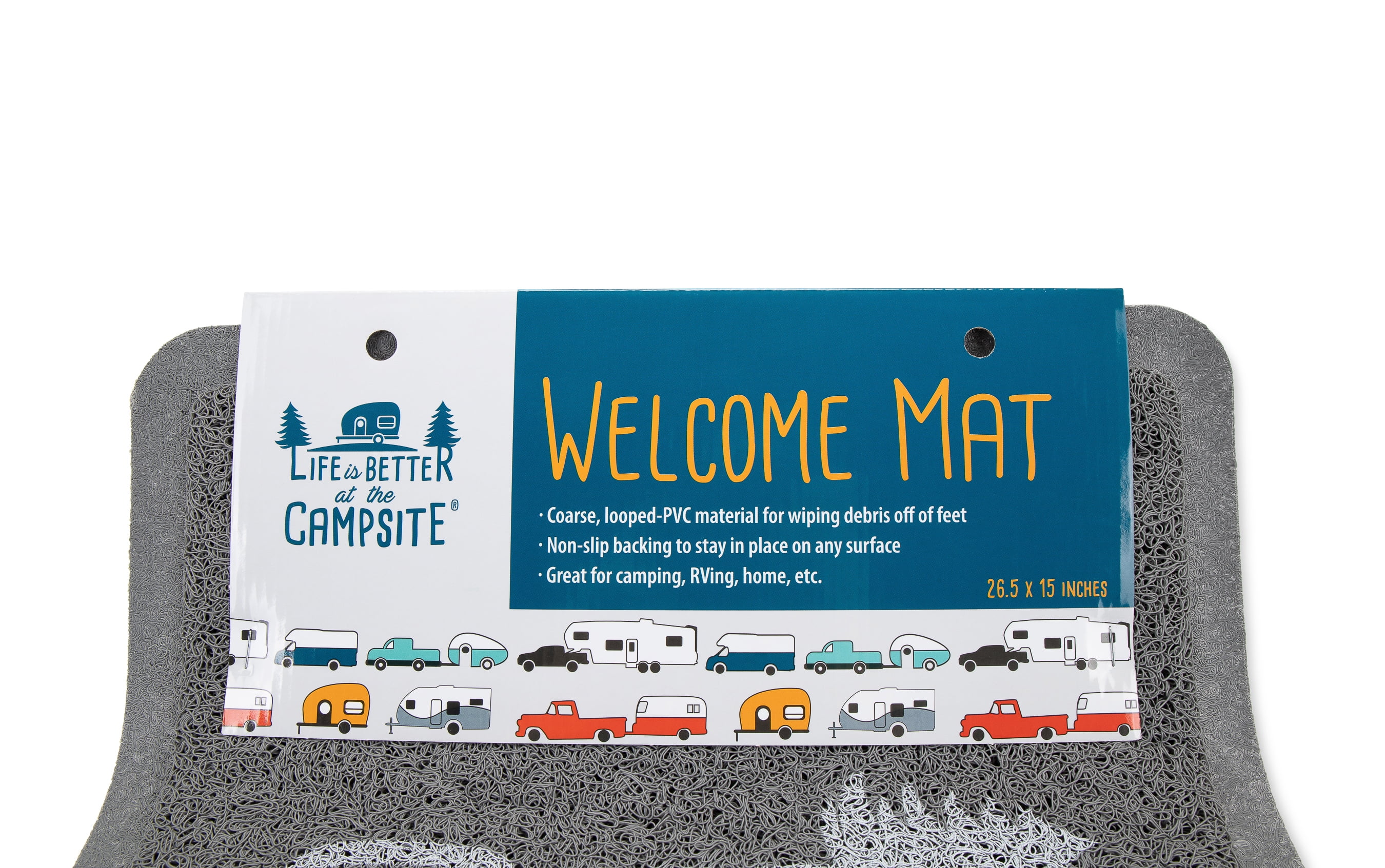 (2 pack) Camco "Life is Better at The Campsite" Camper Scrub Rug/Door Mat, Looped PVC, Gray and White (53197)