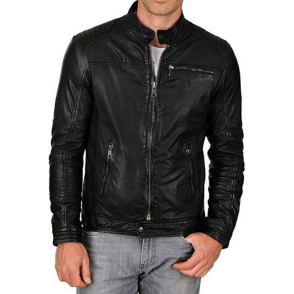 New Men's Genuine Lambskin Leather Jacket Black Motorcycle Biker Jacket A568